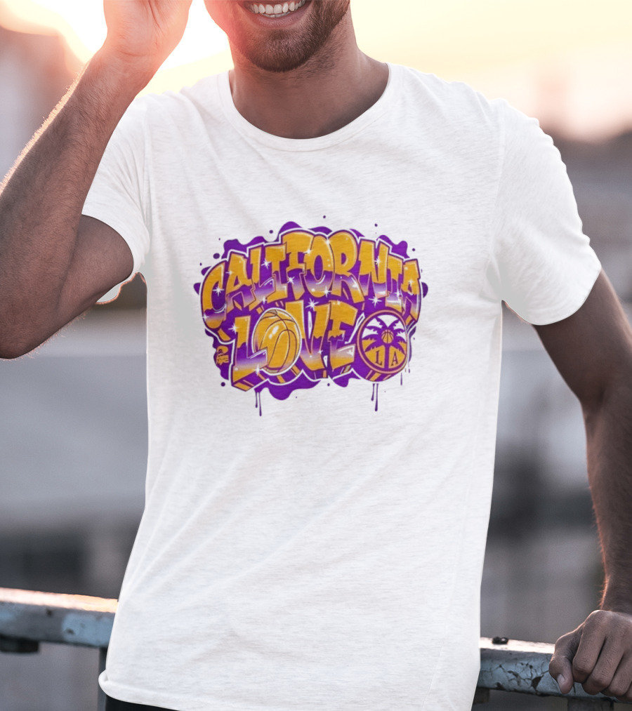 California Love Los Angeles Basketball LA Graffiti Style With Palm Trees And Purple Basketball T-Shirt
