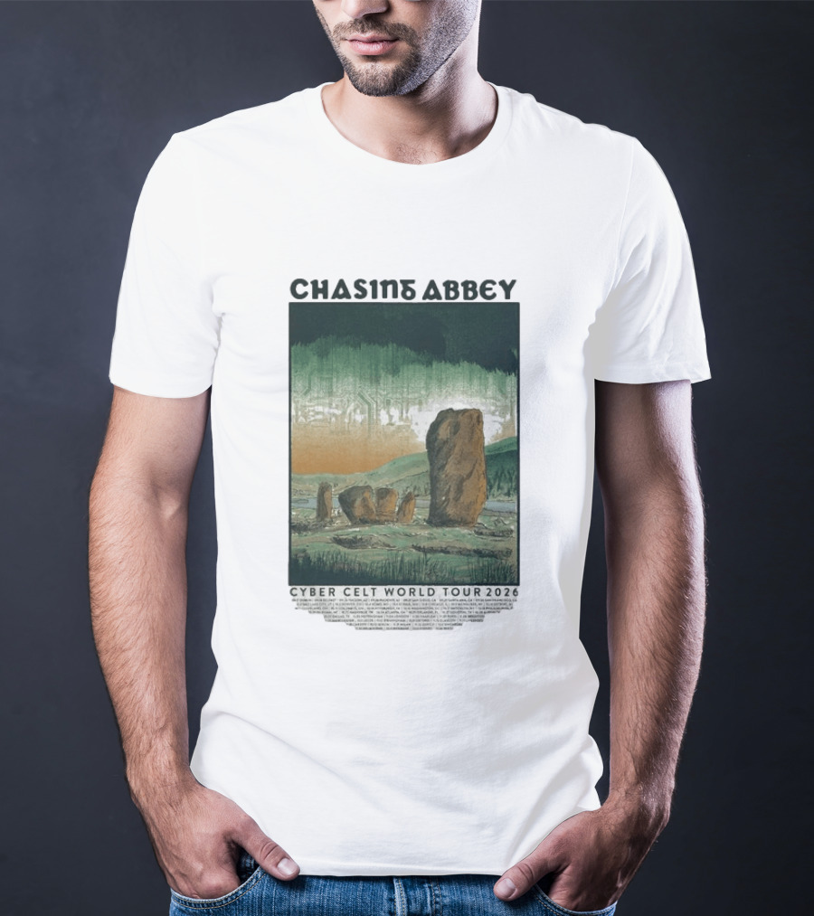 Chasins Abbey Cyber Celt World Tour 2026 Digital Stonehenge Landscape T-Shirt