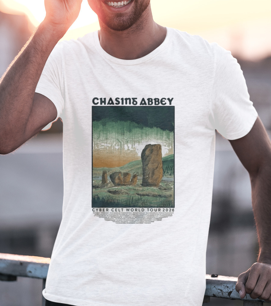 Chasins Abbey Cyber Celt World Tour 2026 Digital Stonehenge Landscape T-Shirt