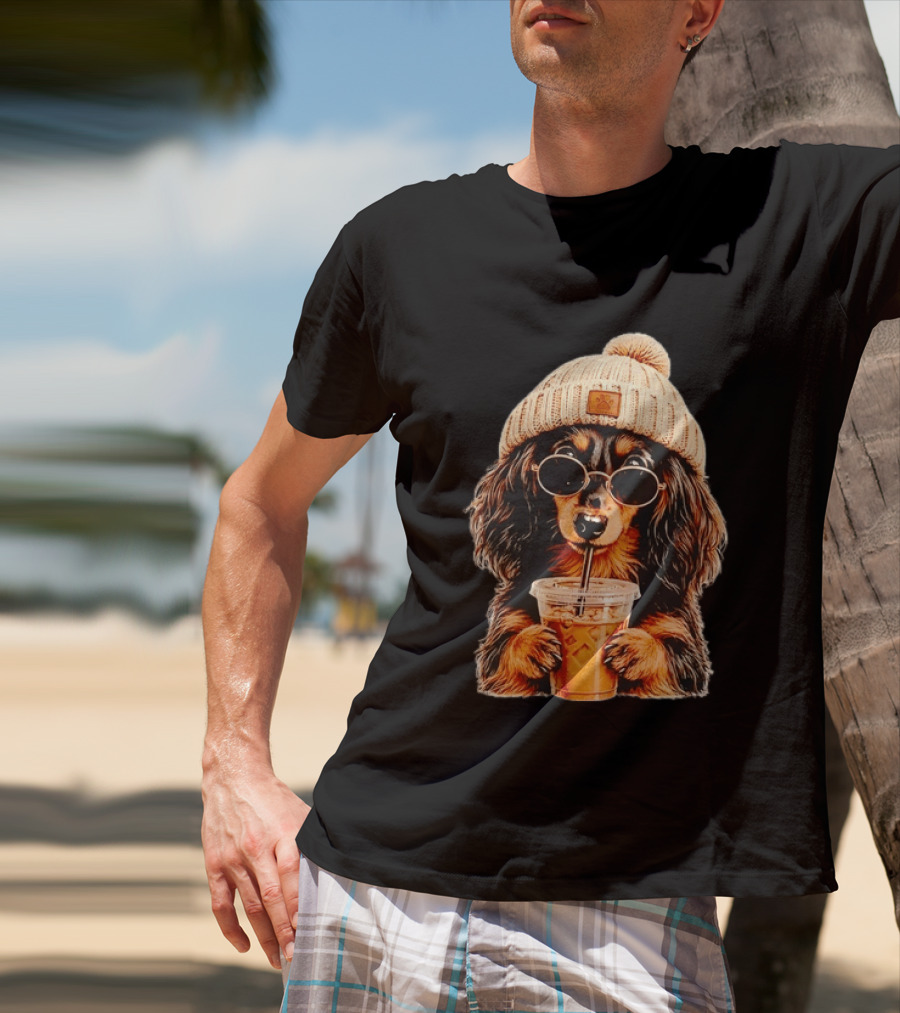 Dachshund Beanie Sunglasses Iced Coffee Trendy Dog Fashion T-Shirt