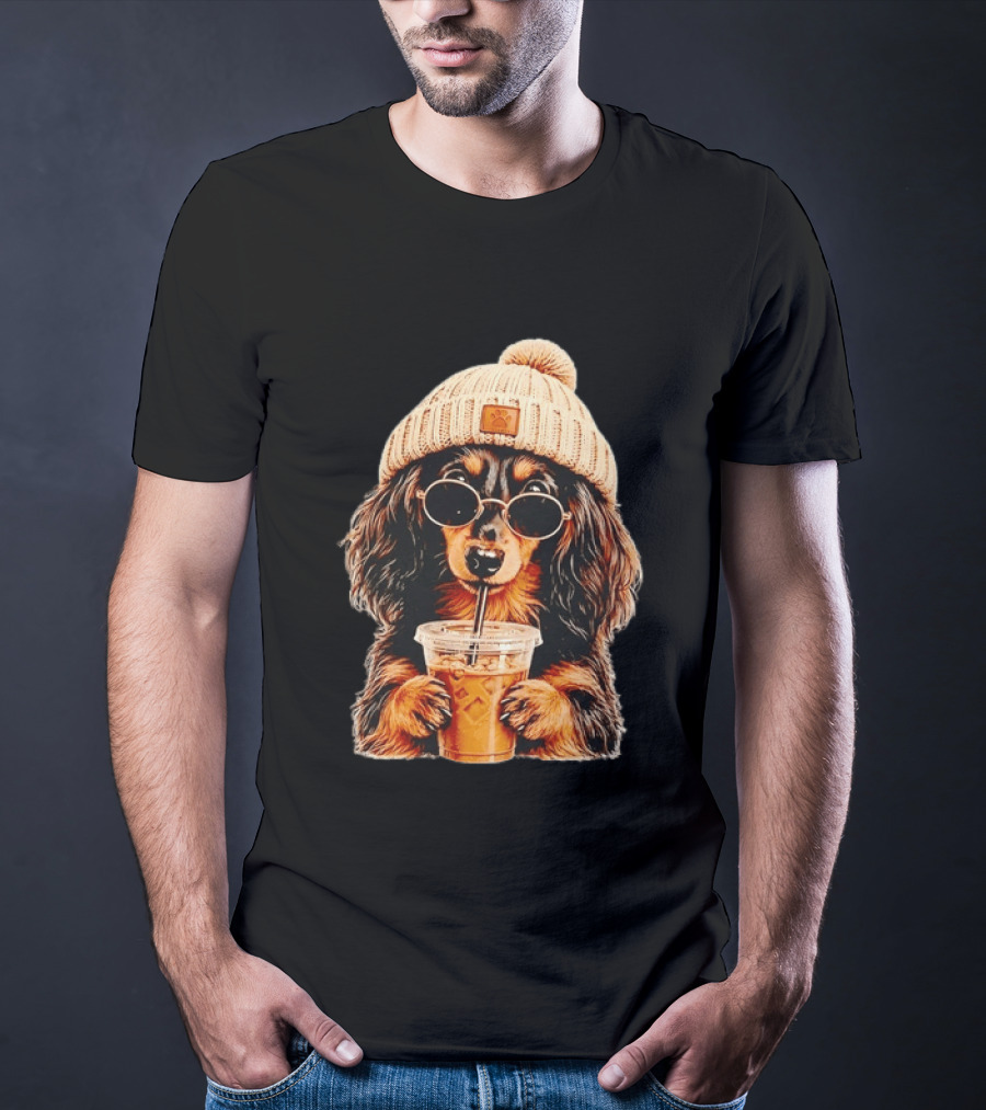 Dachshund Beanie Sunglasses Iced Coffee Trendy Dog Fashion T-Shirt