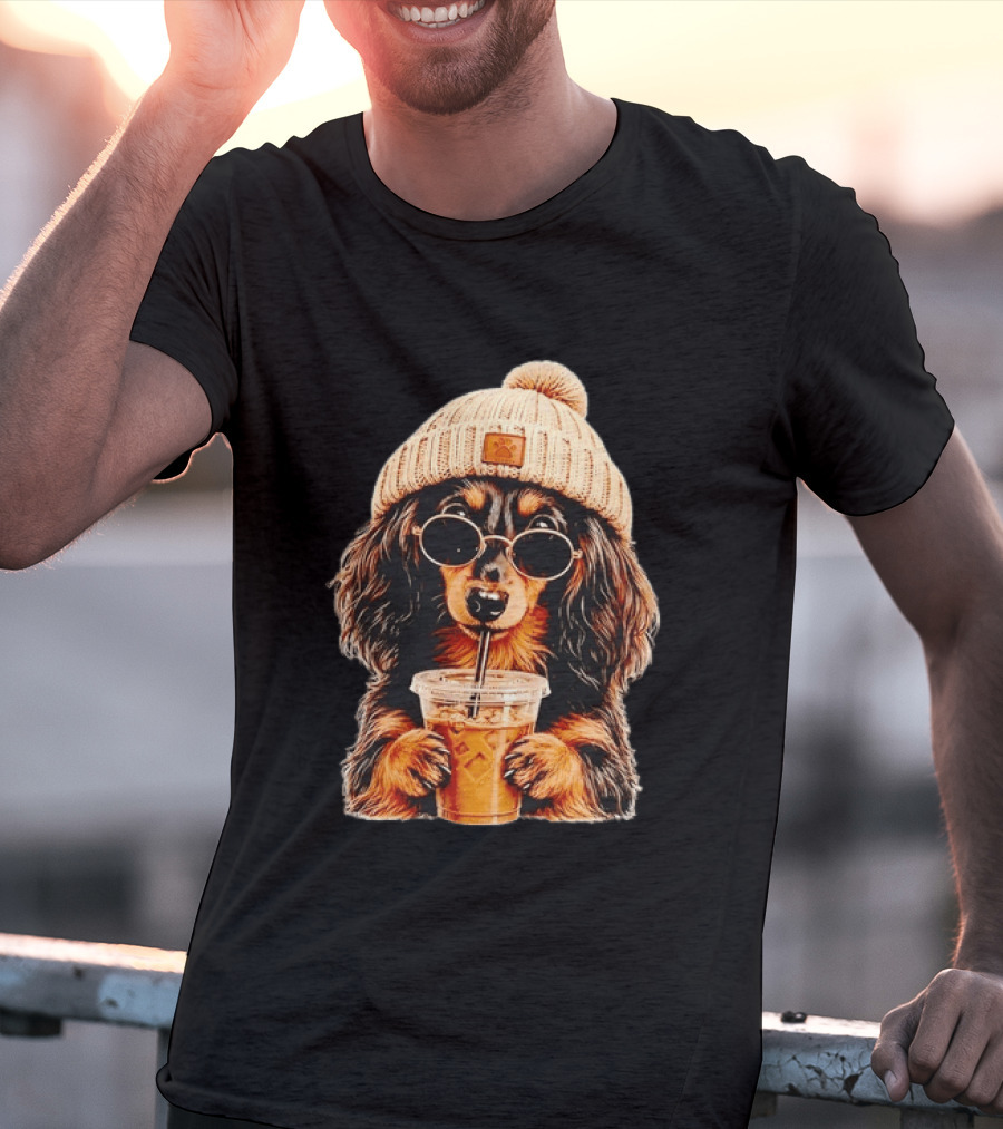 Dachshund Beanie Sunglasses Iced Coffee Trendy Dog Fashion T-Shirt