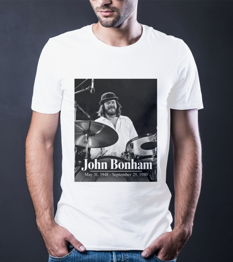John Bonham May 31 1948 September 25 1980 Drummer Tribute Black And White Photo T-Shirt