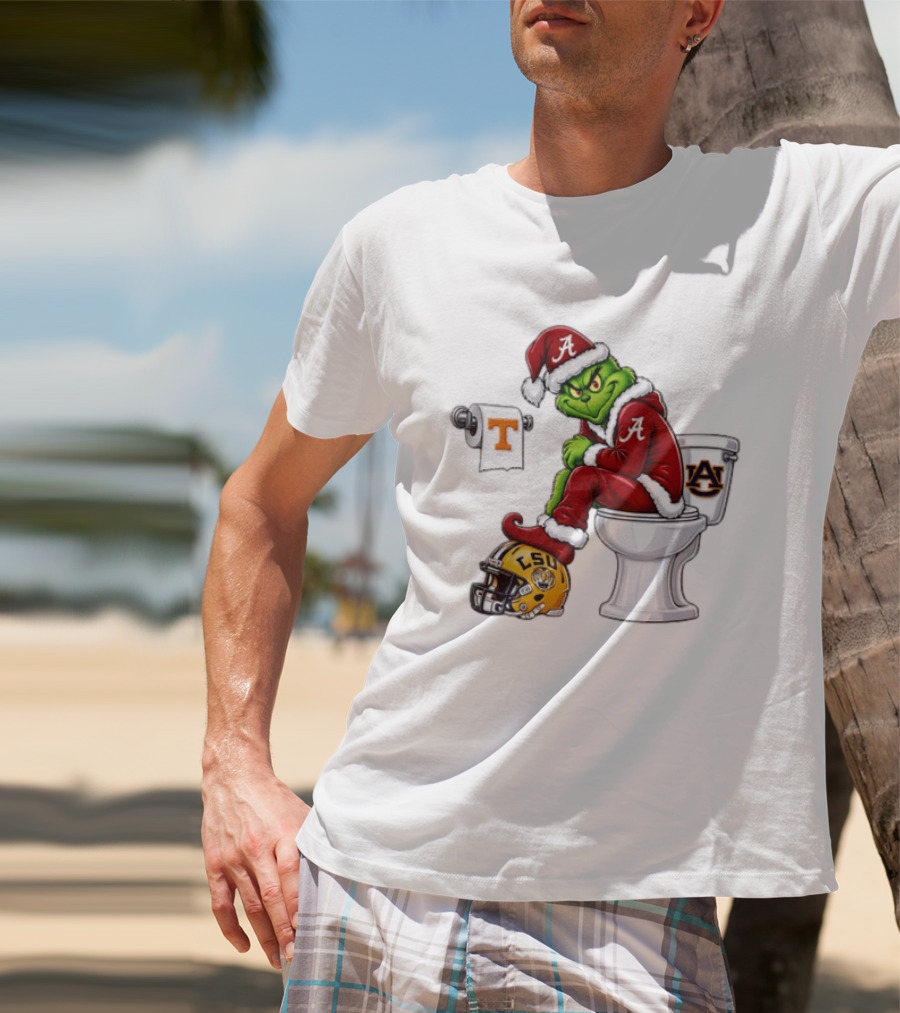 Alabama Crimson Tide Santa Grinch Sitting Auburn Toilet LSU Helmet Christmas T-Shirt