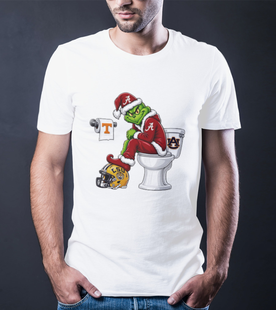 Alabama Crimson Tide Santa Grinch Sitting Auburn Toilet LSU Helmet Christmas T-Shirt