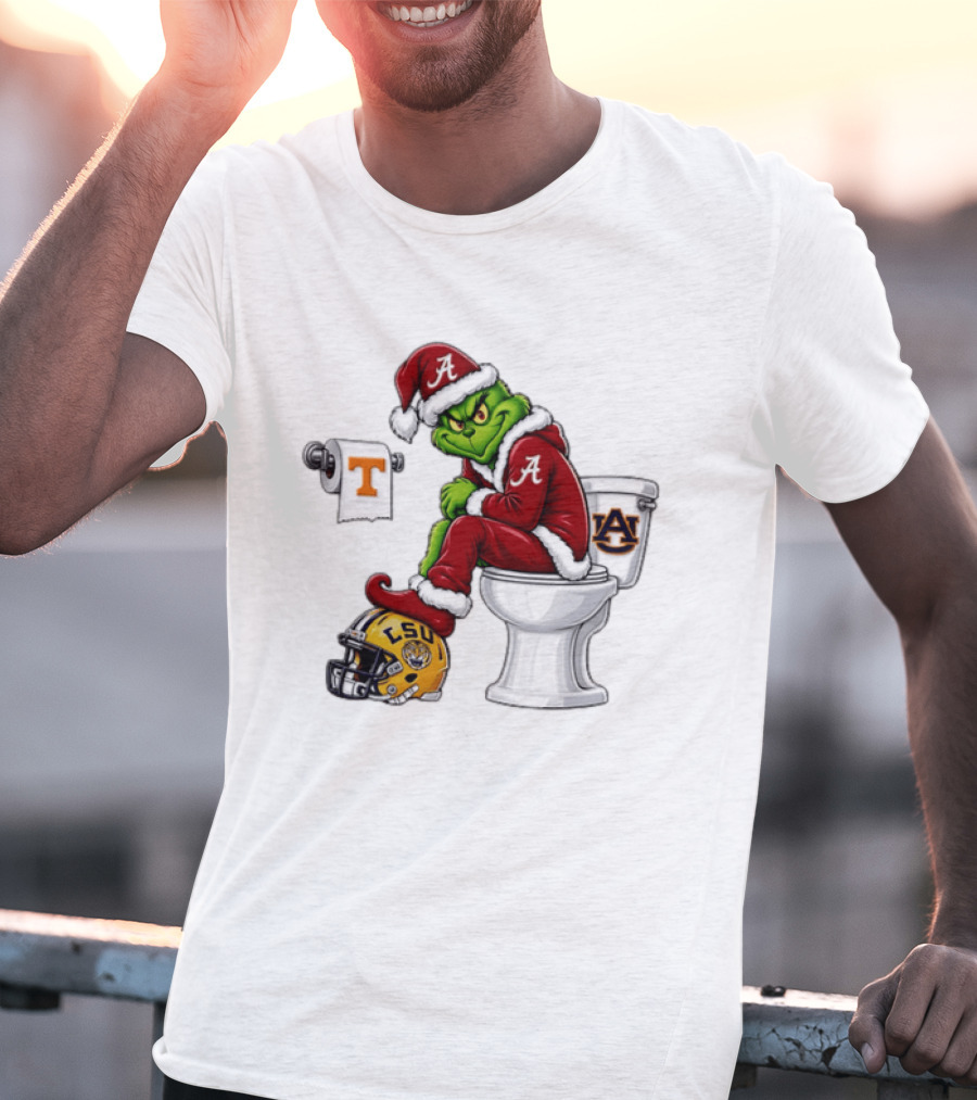 Alabama Crimson Tide Santa Grinch Sitting Auburn Toilet LSU Helmet Christmas T-Shirt