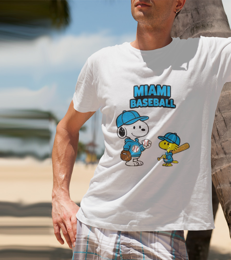 Snoopy Woodstock Miami Baseball Peanuts Cartoon MLB T-Shirt