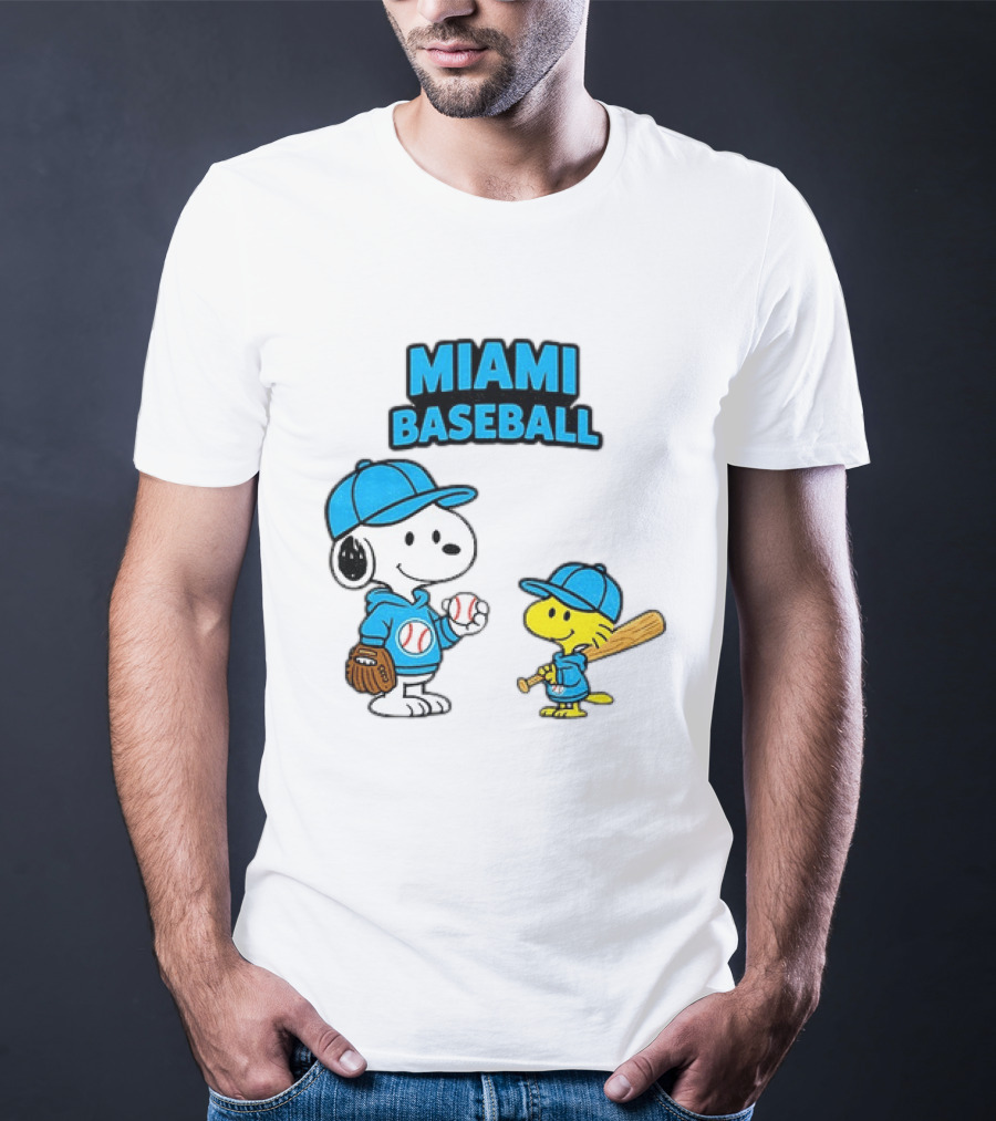 Snoopy Woodstock Miami Baseball Peanuts Cartoon MLB T-Shirt