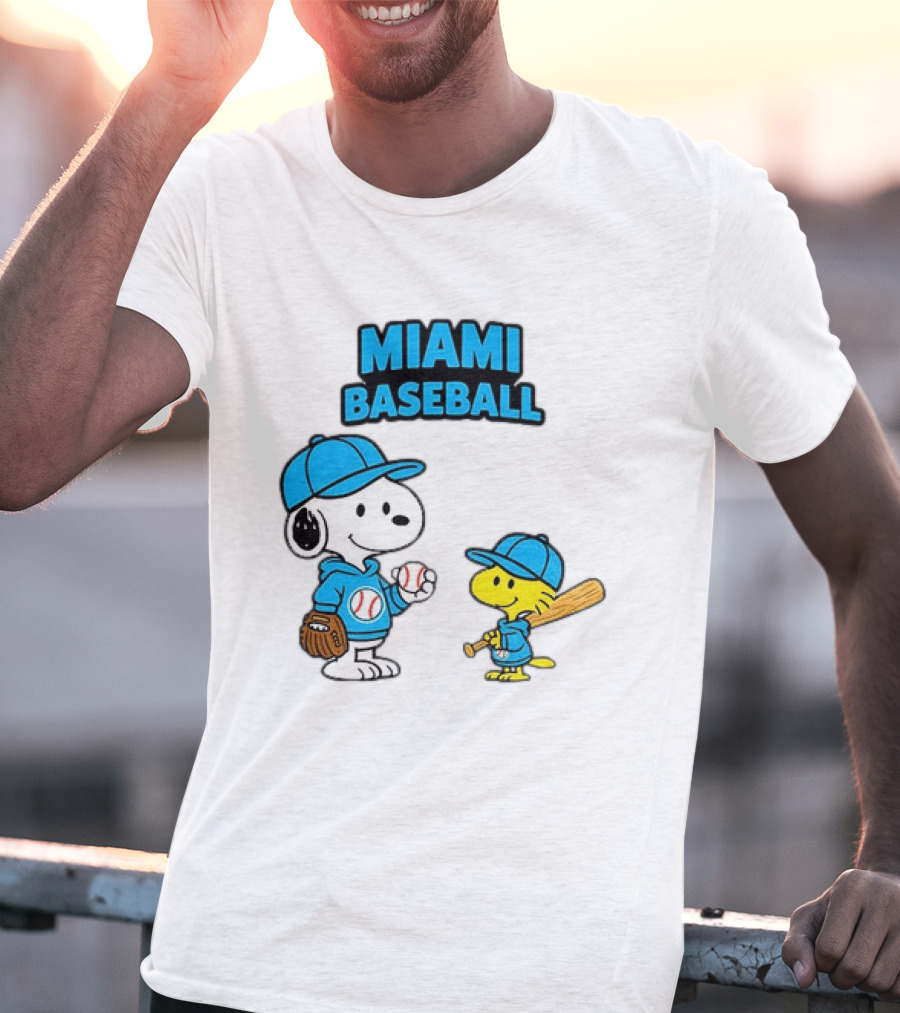 Snoopy Woodstock Miami Baseball Peanuts Cartoon MLB T-Shirt