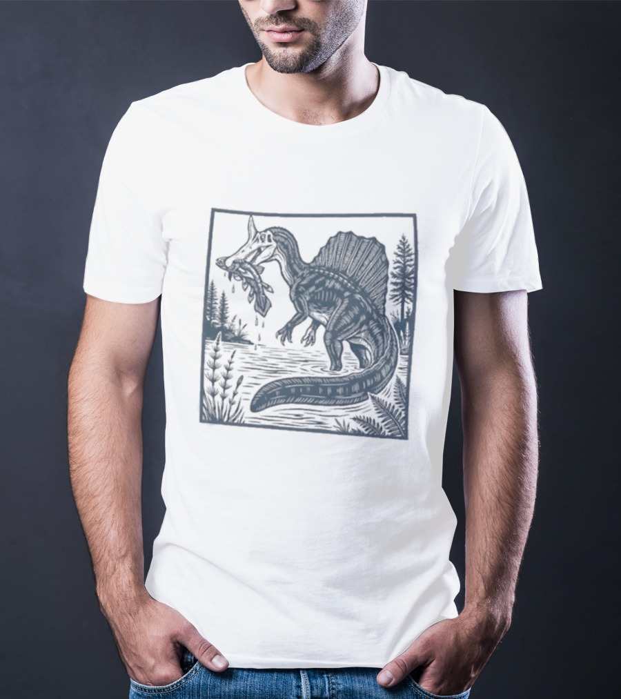 Spinosaurus Catching Fish With Forest T-Shirt