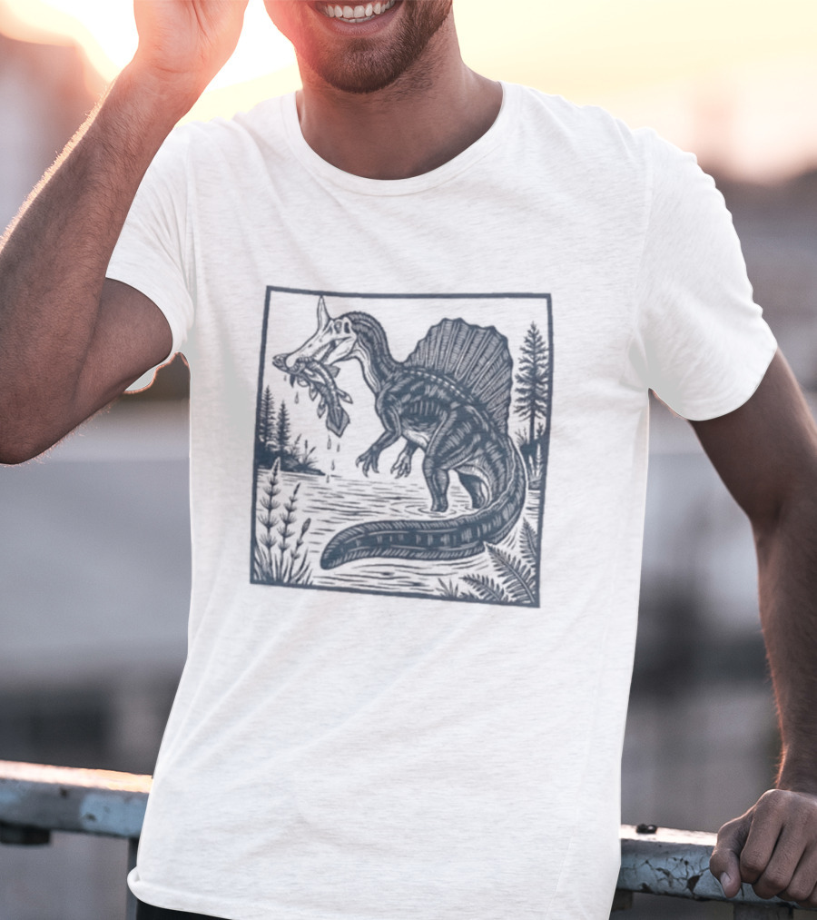 Spinosaurus Catching Fish With Forest T-Shirt
