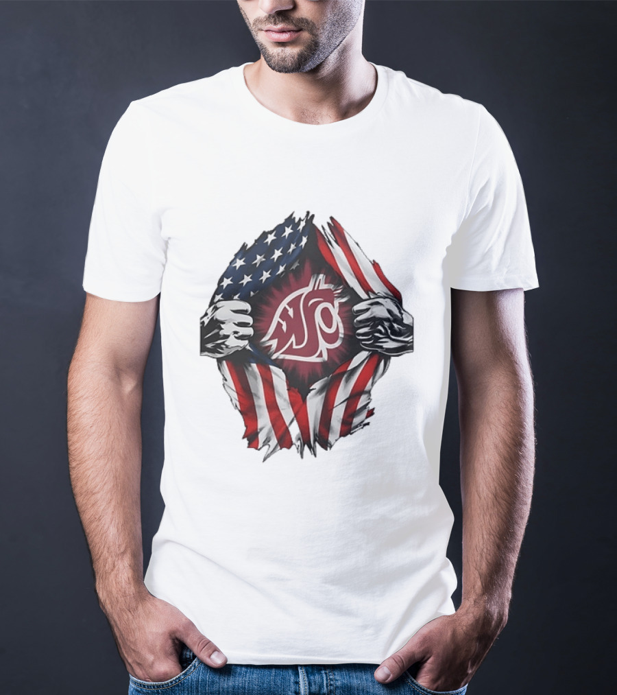 Washington State University Cougars American Flag Ripped Chest T-Shirt
