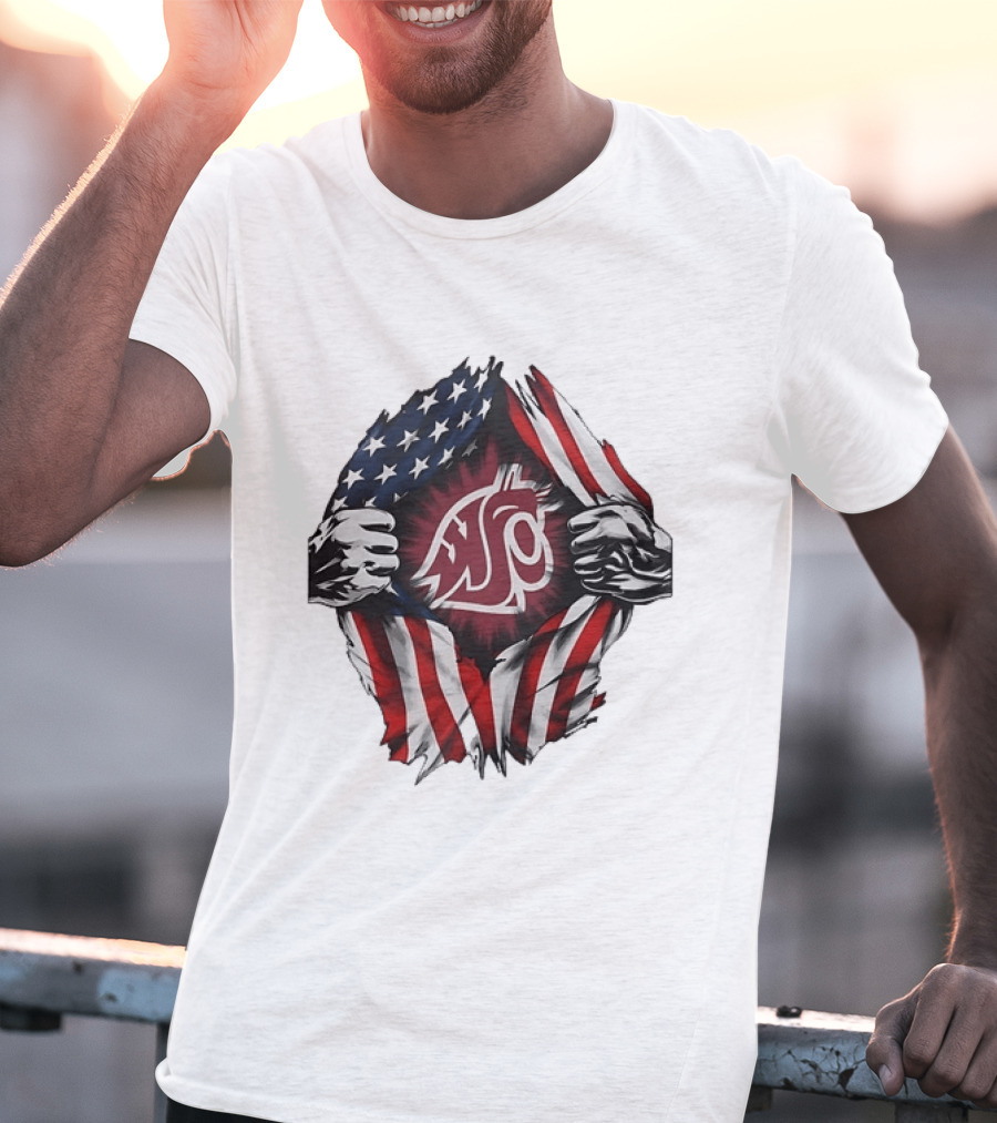 Washington State University Cougars American Flag Ripped Chest T-Shirt
