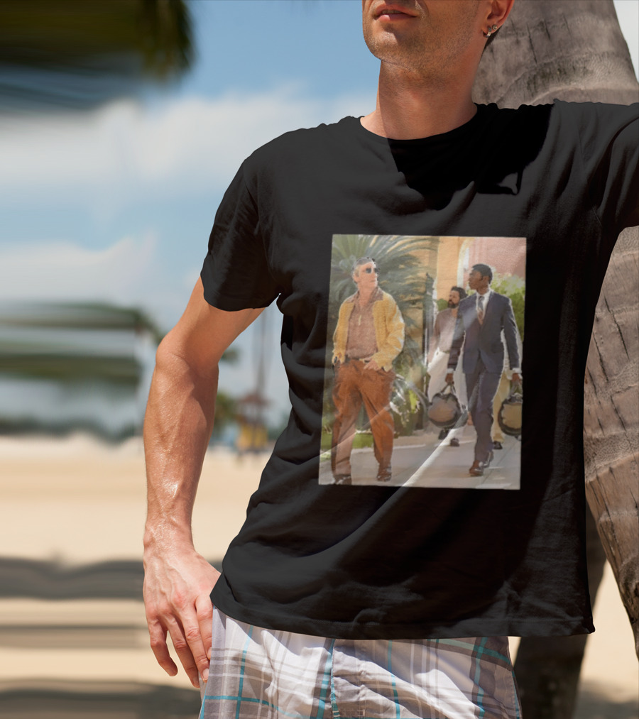 Men In Stylish Outfits Walking Outdoors With Bags T-Shirt