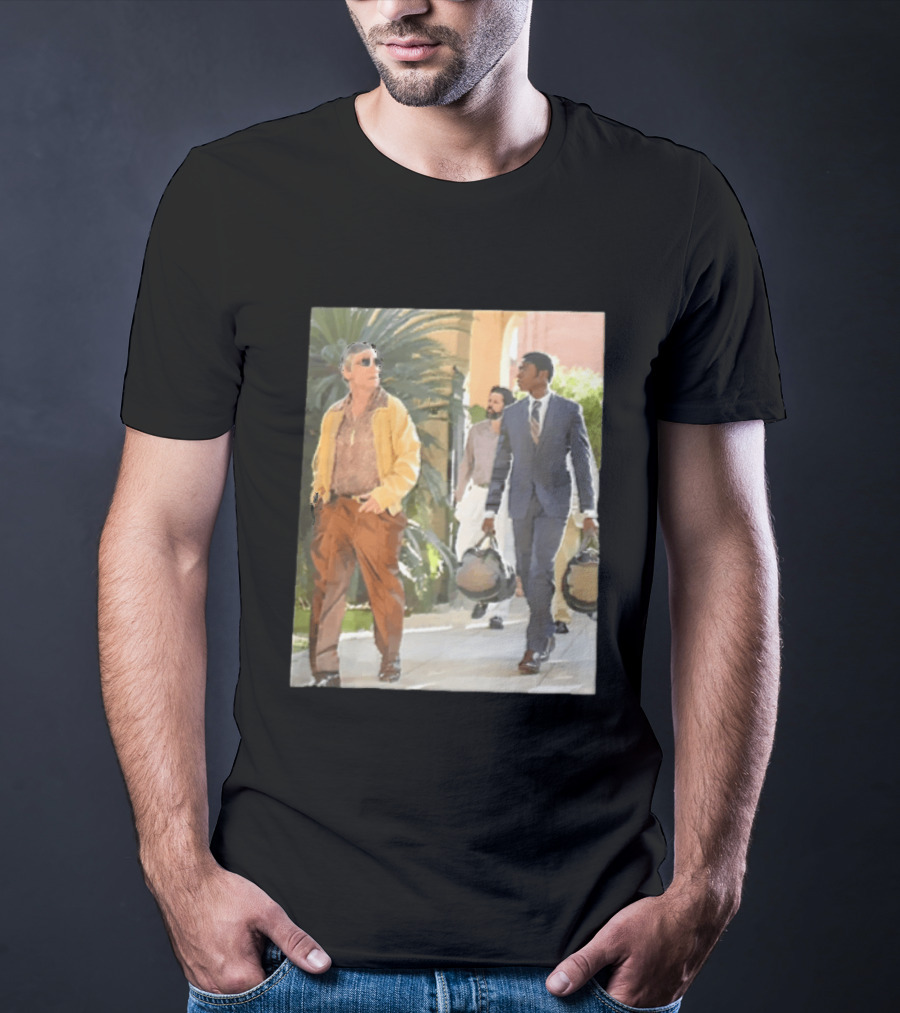 Men In Stylish Outfits Walking Outdoors With Bags T-Shirt