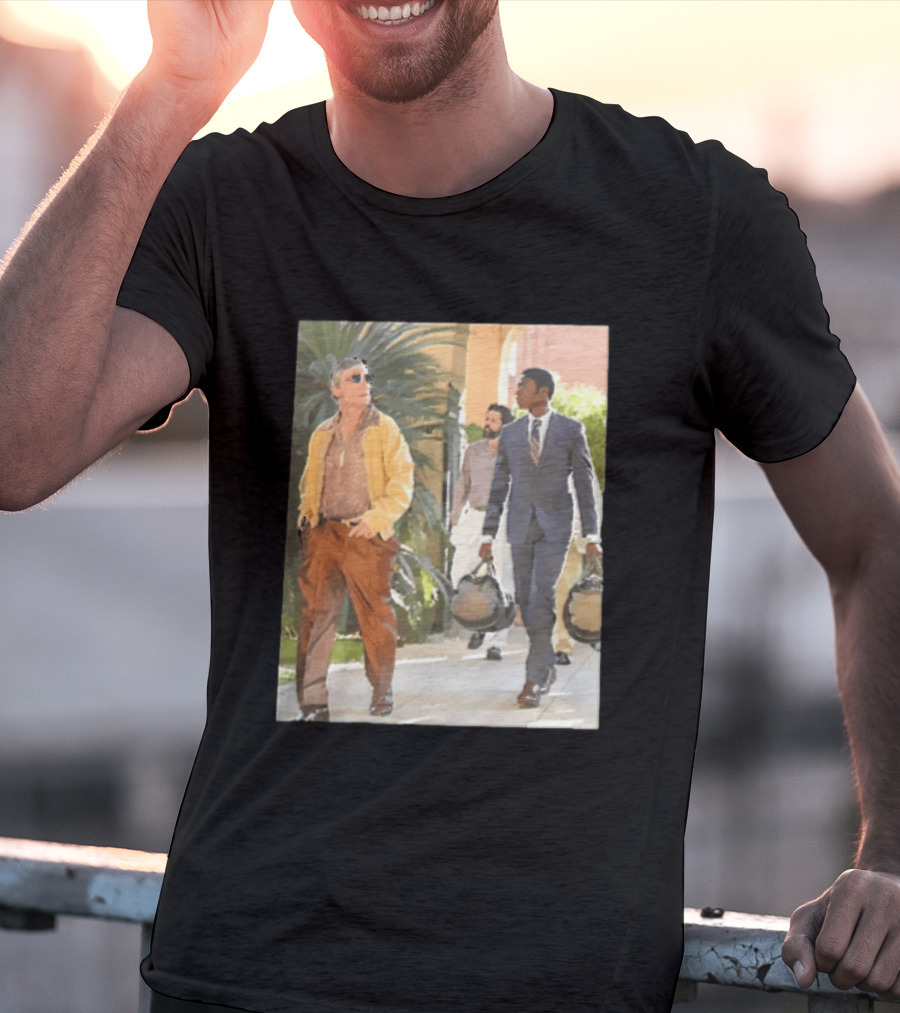 Men In Stylish Outfits Walking Outdoors With Bags T-Shirt