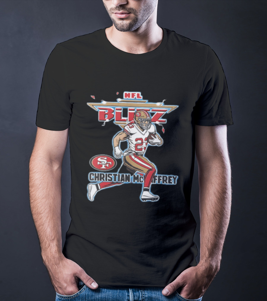 NFL Blitz 23 Christian McCaffrey San Francisco 49ers Football Player Running With Ball T-Shirt