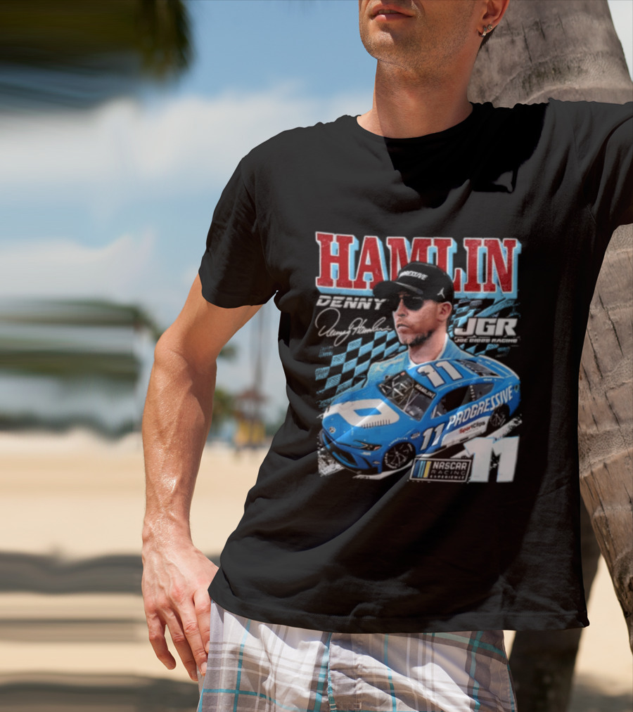 Denny Hamlin Joe Gibbs Racing NASCAR Progressive 11 Racer With Signature And Sunglasses T-Shirt