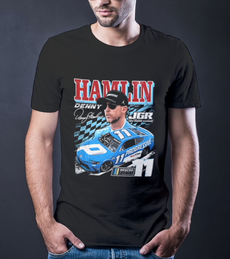 Denny Hamlin Joe Gibbs Racing NASCAR Progressive 11 Racer With Signature And Sunglasses T-Shirt