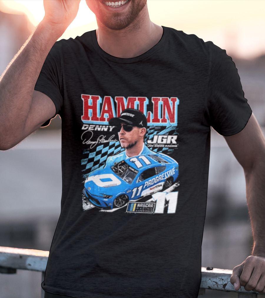 Denny Hamlin Joe Gibbs Racing NASCAR Progressive 11 Racer With Signature And Sunglasses T-Shirt