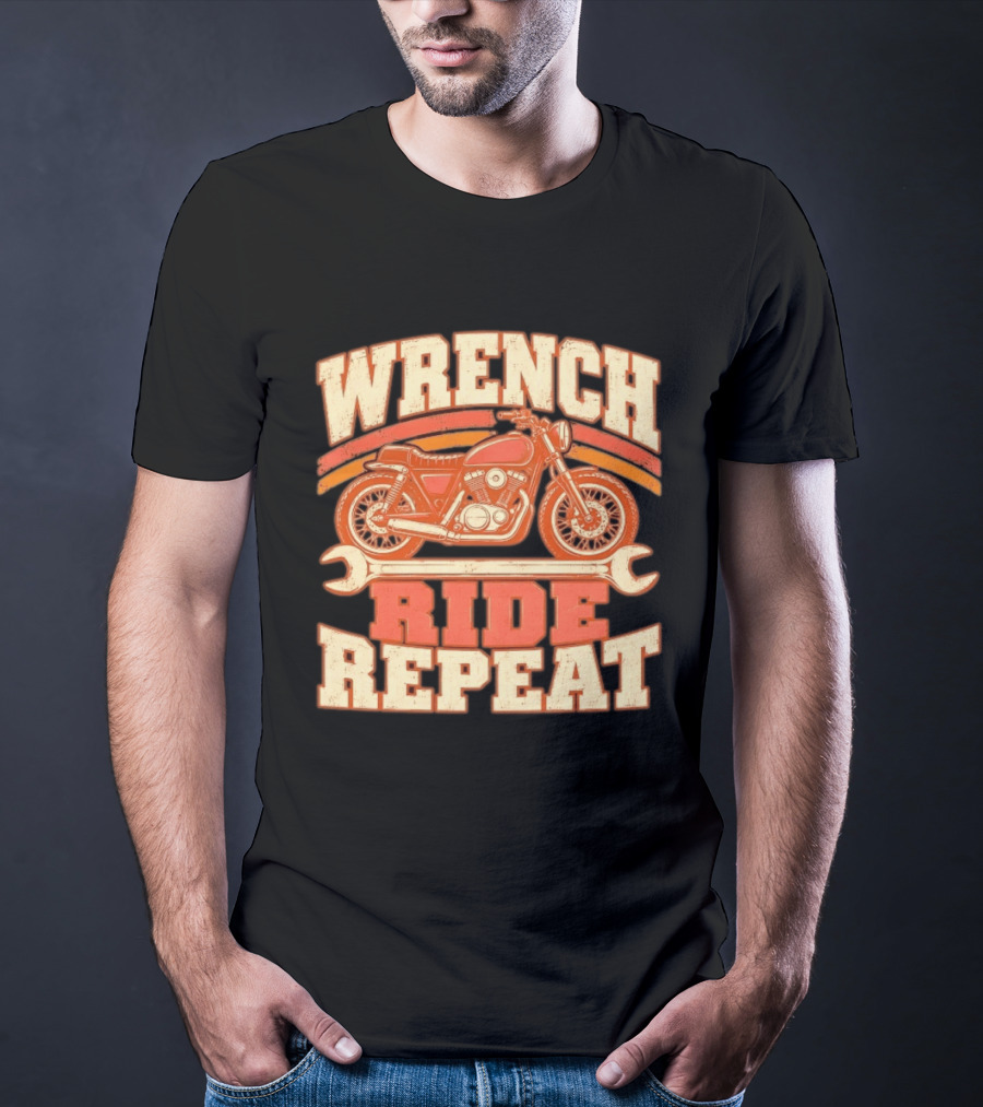 Wrench Ride Repeat Motorcycle Mechanic Distressed T-Shirt
