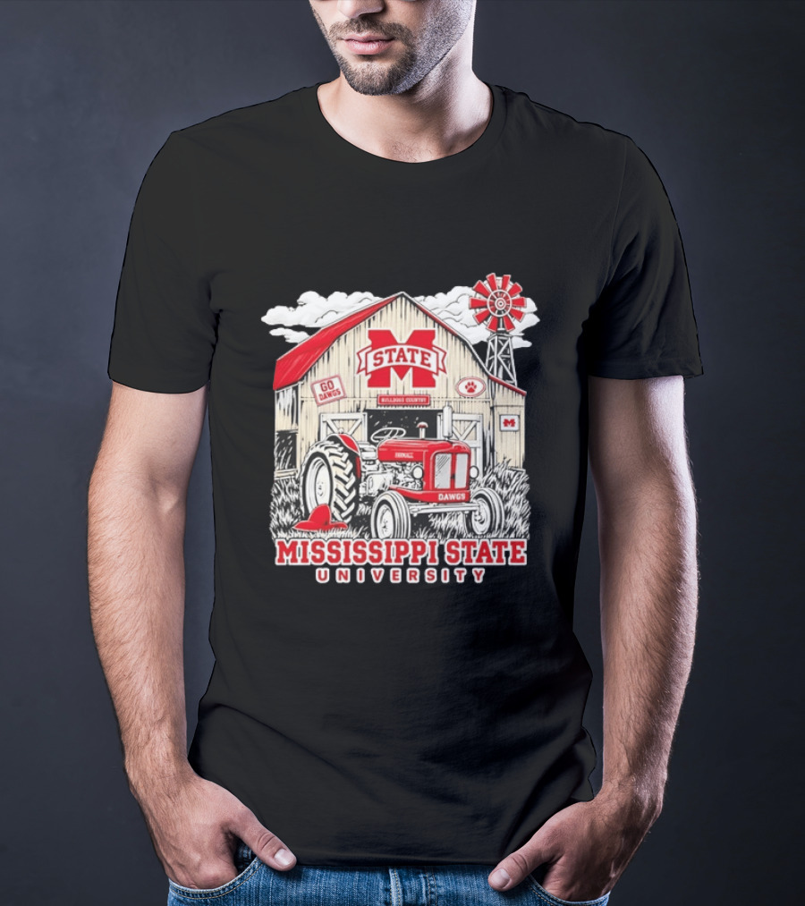 Mississippi State University Bulldogs Country Farmall Tractor Barn With Go Dawgs And Windmill T-Shirt