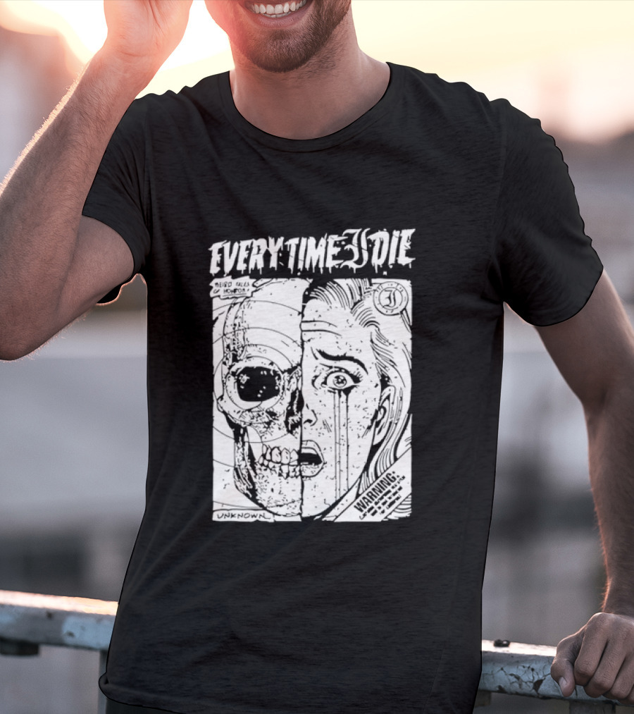 Every Time I Die Weird Tales Horror Warning Skull Face Half Human T-Shirt