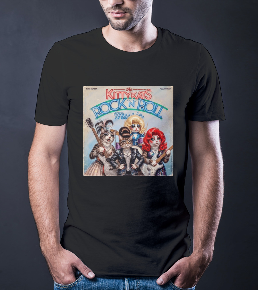 The Kitty Kats Rock 'N' Roll Music Full Screen Vintage Cats With Guitars T-Shirt