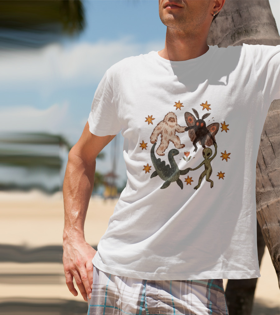Bigfoot Mothman Loch Ness Monster Alien Dancing Cryptids With Stars T-Shirt