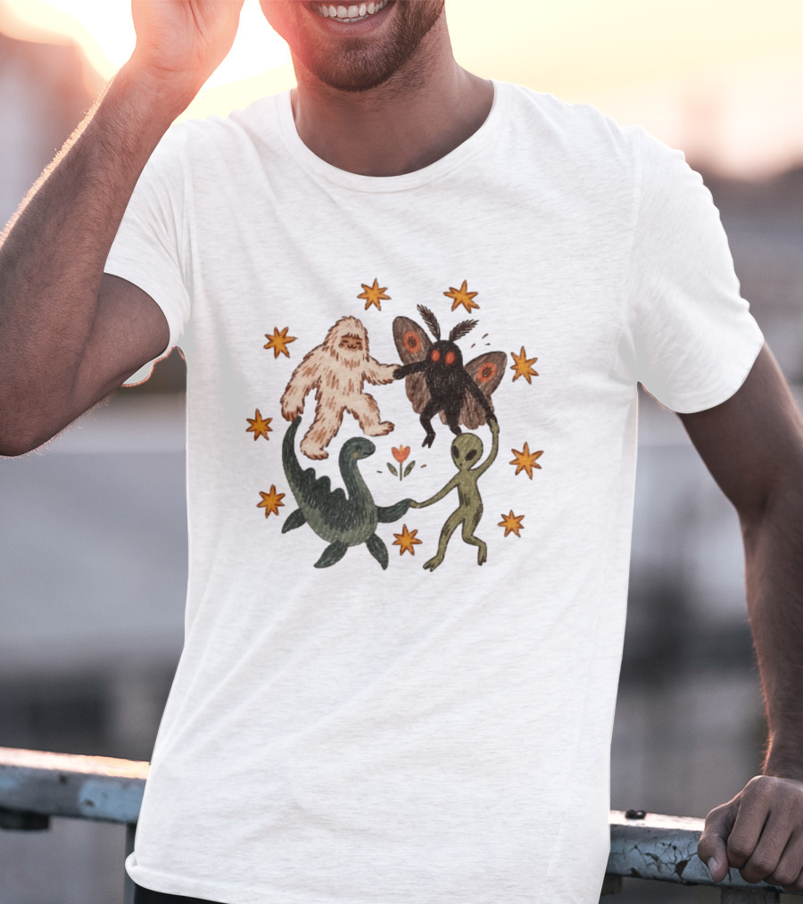 Bigfoot Mothman Loch Ness Monster Alien Dancing Cryptids With Stars T-Shirt