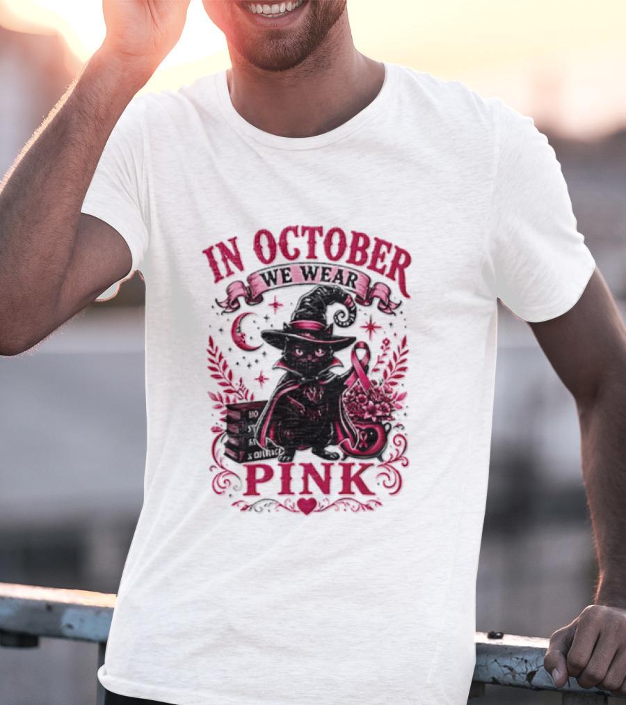 In October We Wear Pink Black Cat Witch Breast Cancer Awareness Month T-Shirt