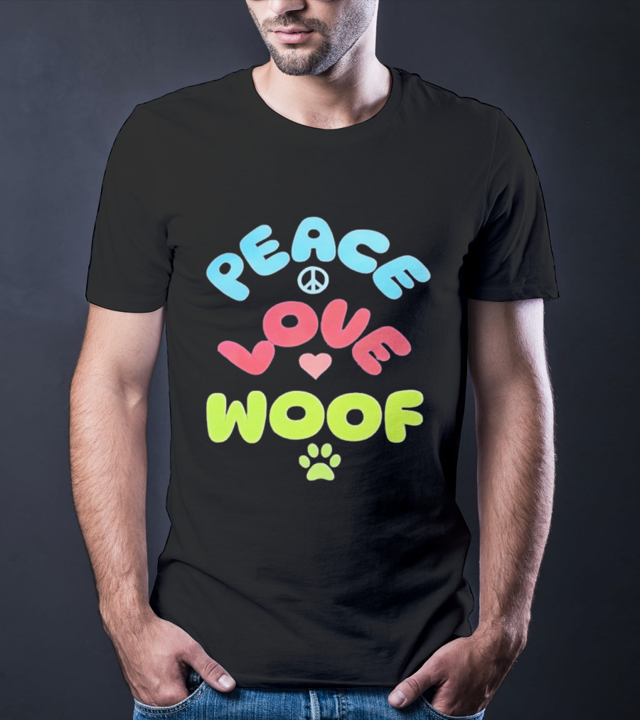 Peace Love Woof Paw Dog Lover Peace Sign Heart T-Shirt