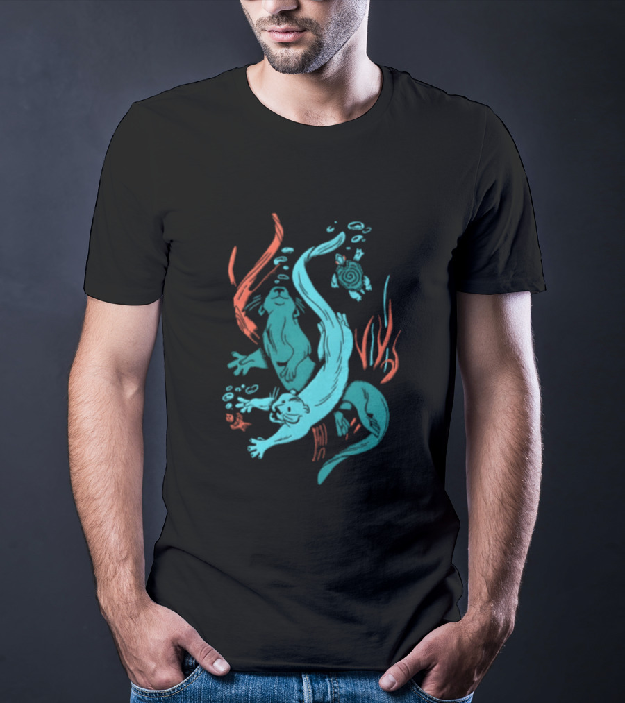 Two Otters Swimming Underwater With Turtle And Seaweed T-Shirt