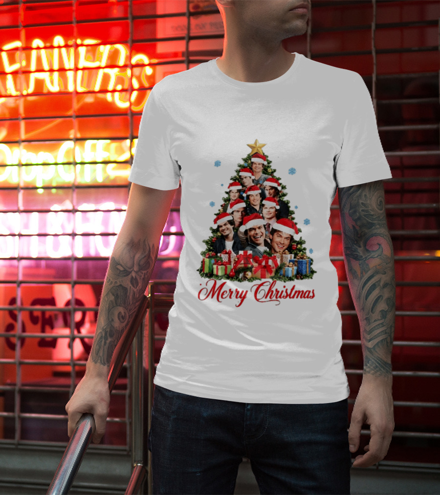 Merry Christmas All I Want For Christmas Is Damon Salvatore Santa Hat Christmas Tree T-Shirt