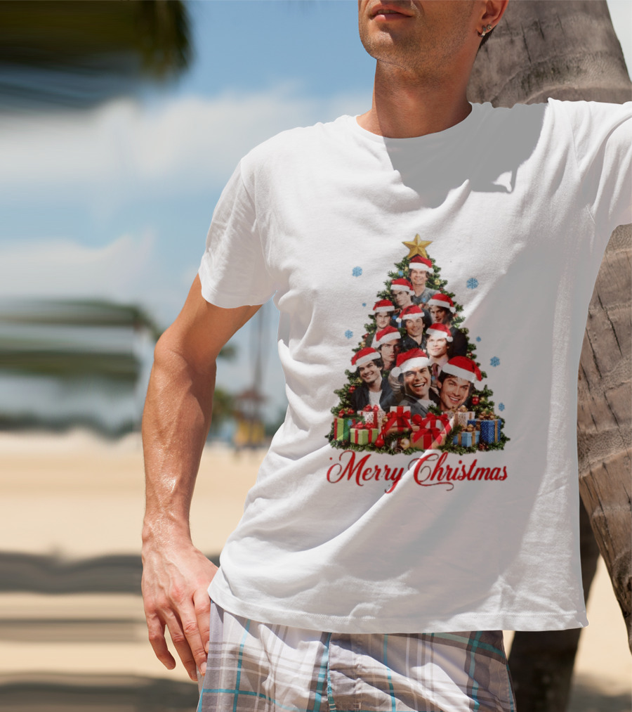 Merry Christmas All I Want For Christmas Is Damon Salvatore Santa Hat Christmas Tree T-Shirt