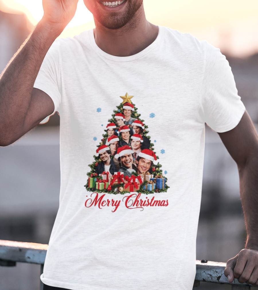 Merry Christmas All I Want For Christmas Is Damon Salvatore Santa Hat Christmas Tree T-Shirt
