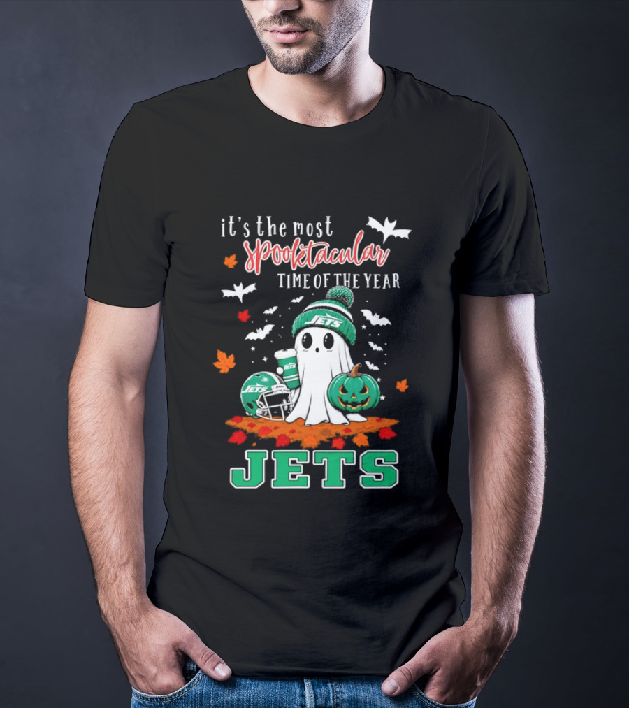 New York Jets Halloween Spooktacular Time Of The Year Football Ghost And Pumpkin T-Shirt