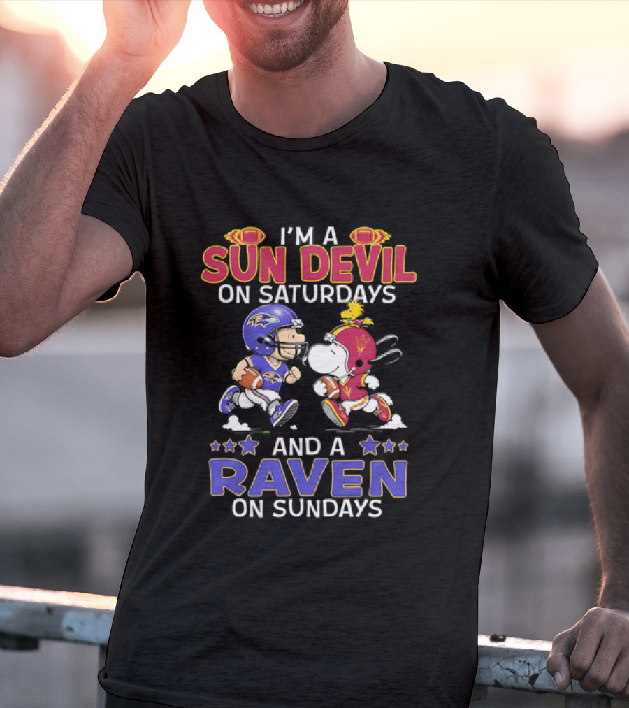 I'm A Sun Devil On Saturdays And A Raven On Sundays Snoopy And Charlie Brown Football T-Shirt