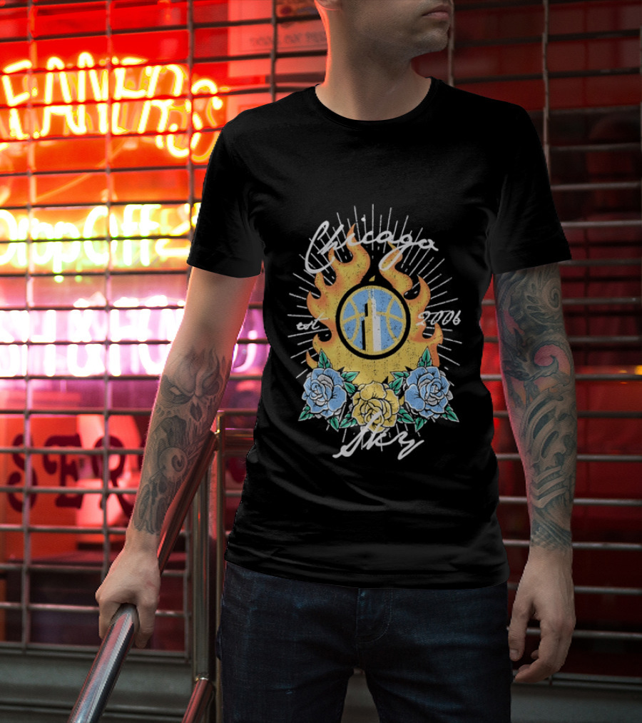 Chicago Sky Est 2006 WNBA Distressed Floral Basketball Flame T-Shirt