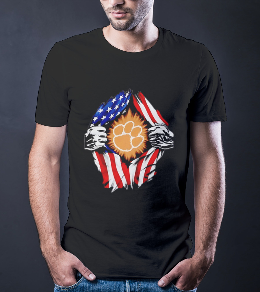 Clemson Tigers Paw Print Ripped American Flag T-Shirt