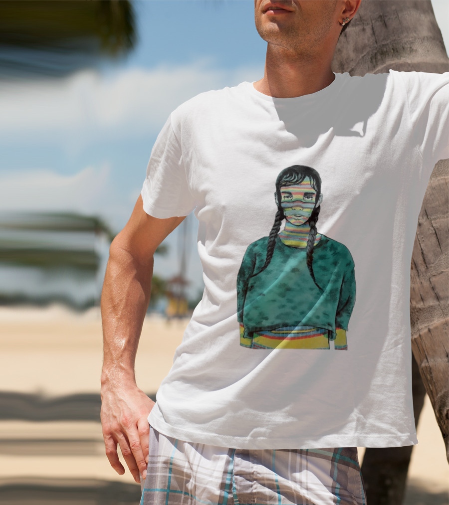 Girl With Braids Colorful Striped Face And Green Sweater T-Shirt