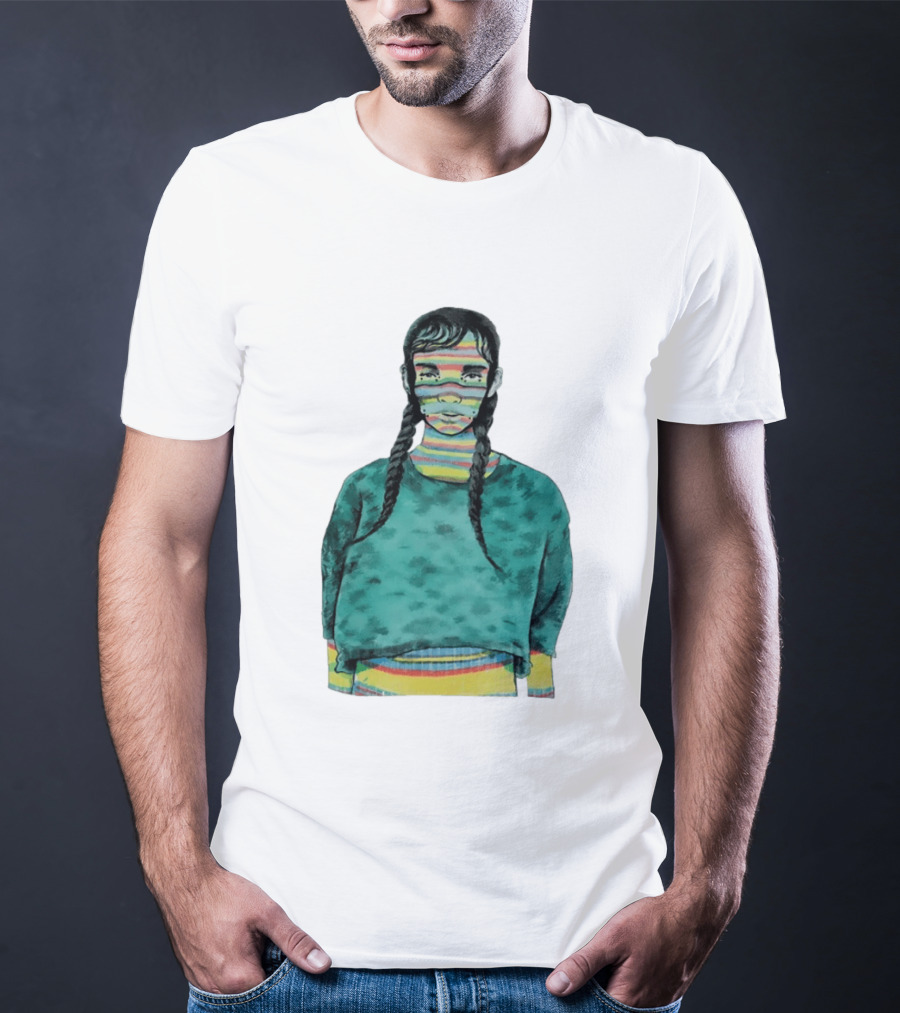 Girl With Braids Colorful Striped Face And Green Sweater T-Shirt