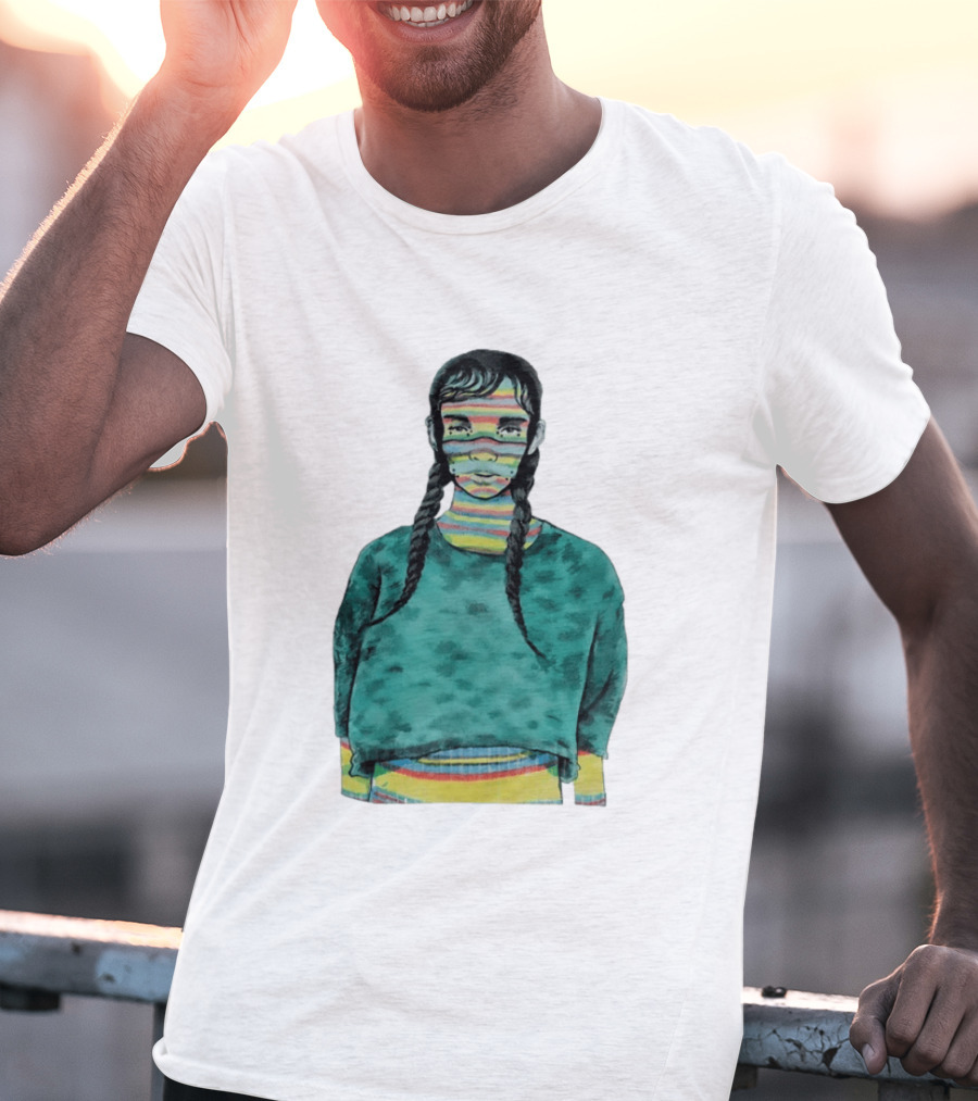 Girl With Braids Colorful Striped Face And Green Sweater T-Shirt