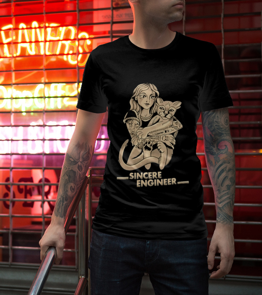 Tattooed Woman Hugging Cat Sincere Engineer T-Shirt