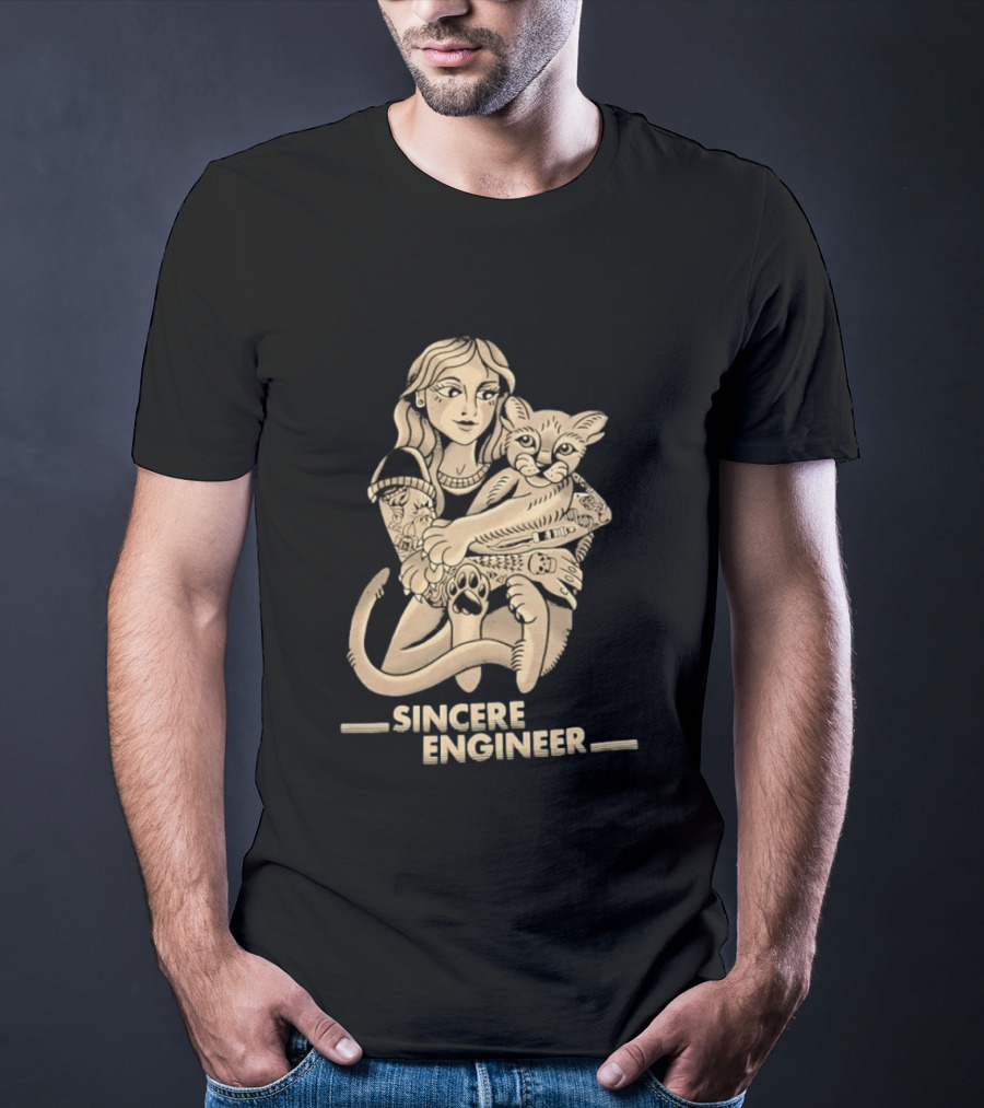 Tattooed Woman Hugging Cat Sincere Engineer T-Shirt