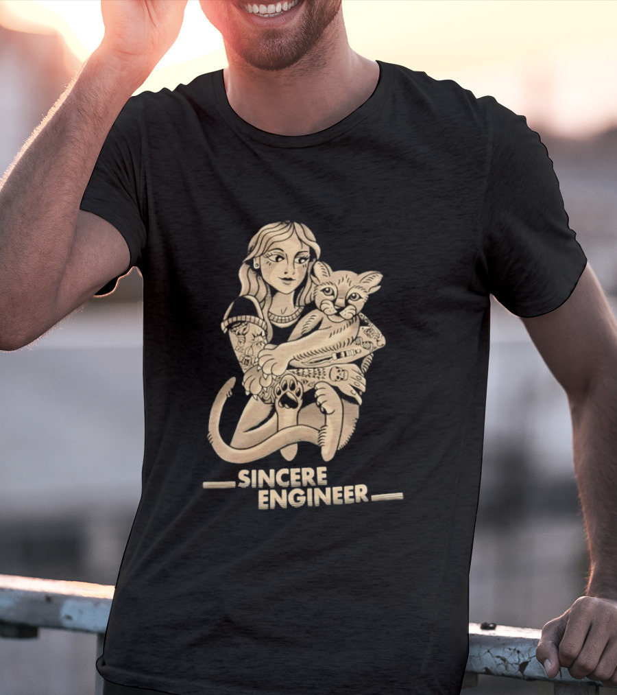 Tattooed Woman Hugging Cat Sincere Engineer T-Shirt