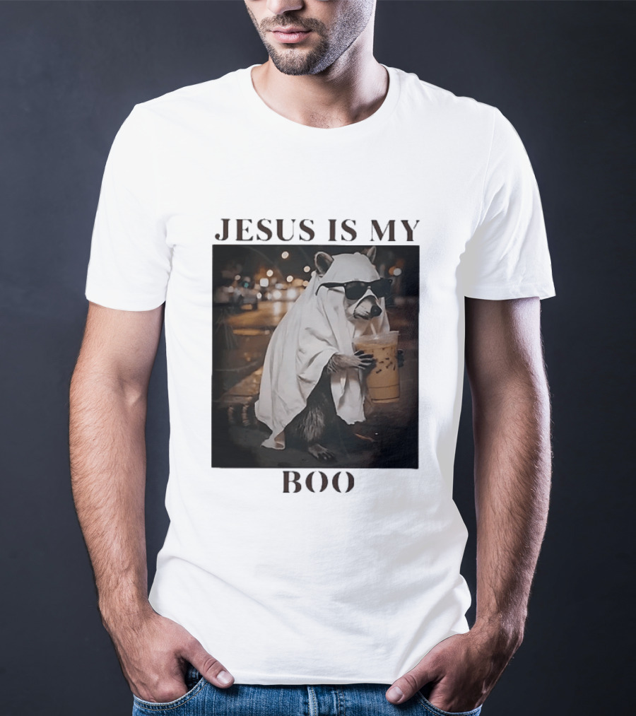 Jesus Is My Boo Raccoon With Iced Coffee And Sunglasses T-Shirt