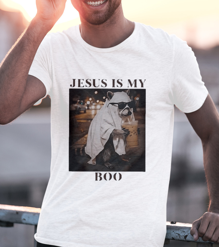 Jesus Is My Boo Raccoon With Iced Coffee And Sunglasses T-Shirt