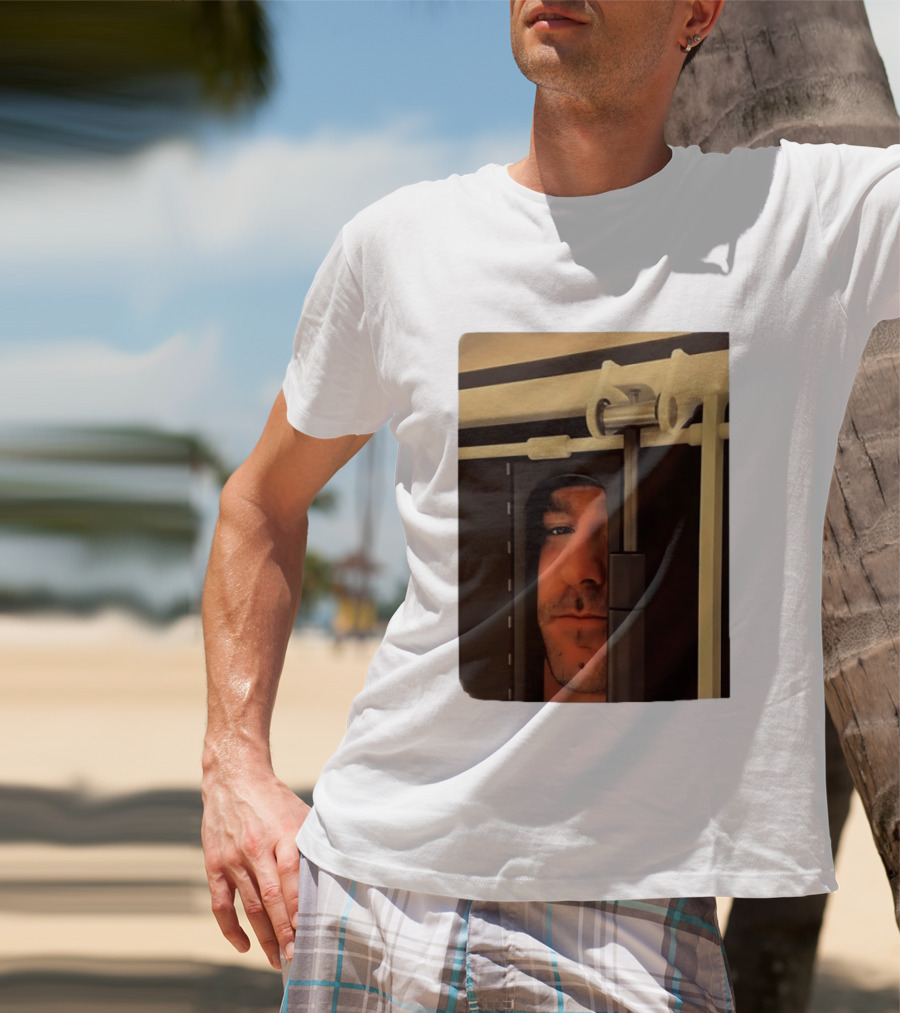 Man Peeking Through Door Face Hidden Observation Doorway T-Shirt
