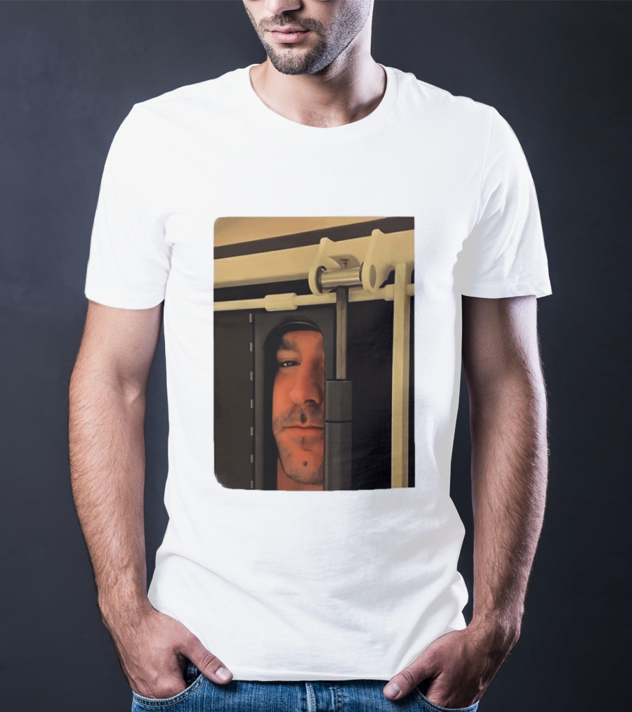 Man Peeking Through Door Face Hidden Observation Doorway T-Shirt